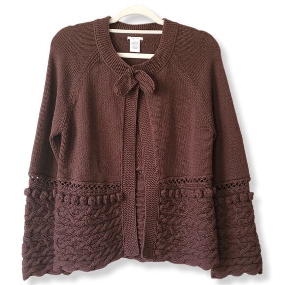 Women Brown Cardigan Sweater M Pom Pom Goblincore Neutral Academia Cottage Twee - Picture 1 of 11